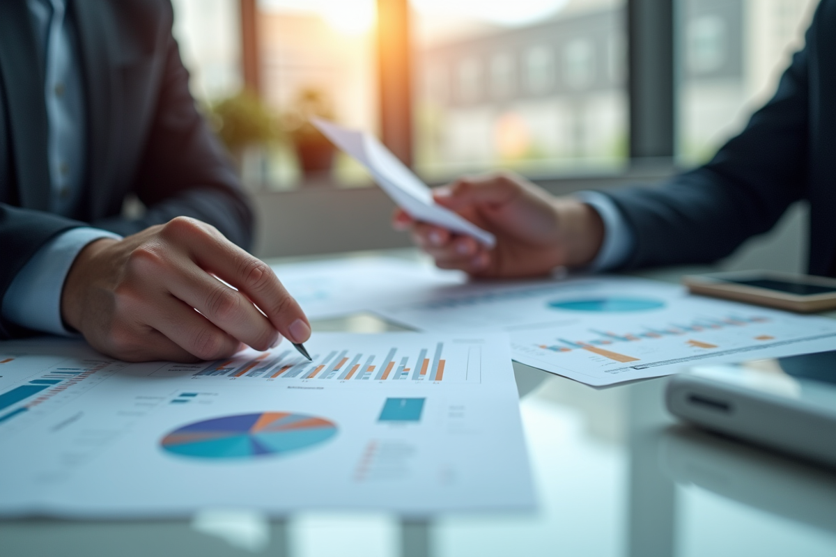 Professionnel analyse documents financiers avec graphiques