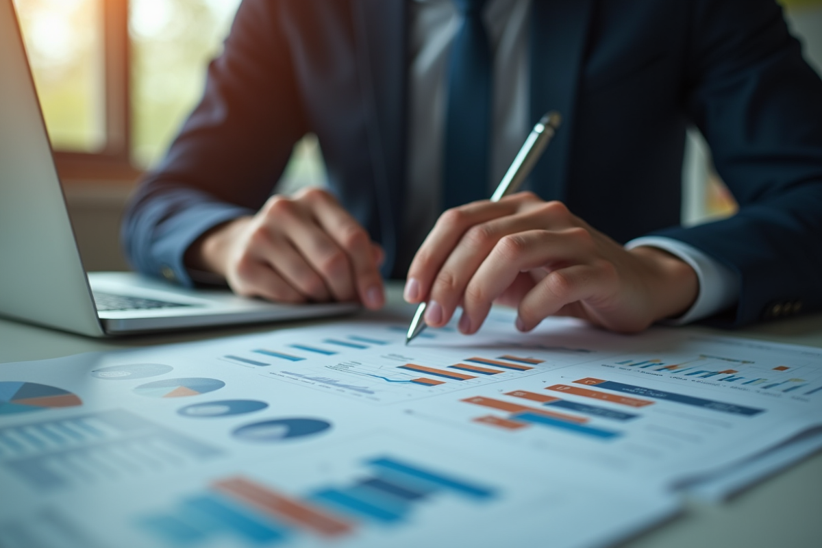 Jeune professionnel analysant graphiques et documents PEA