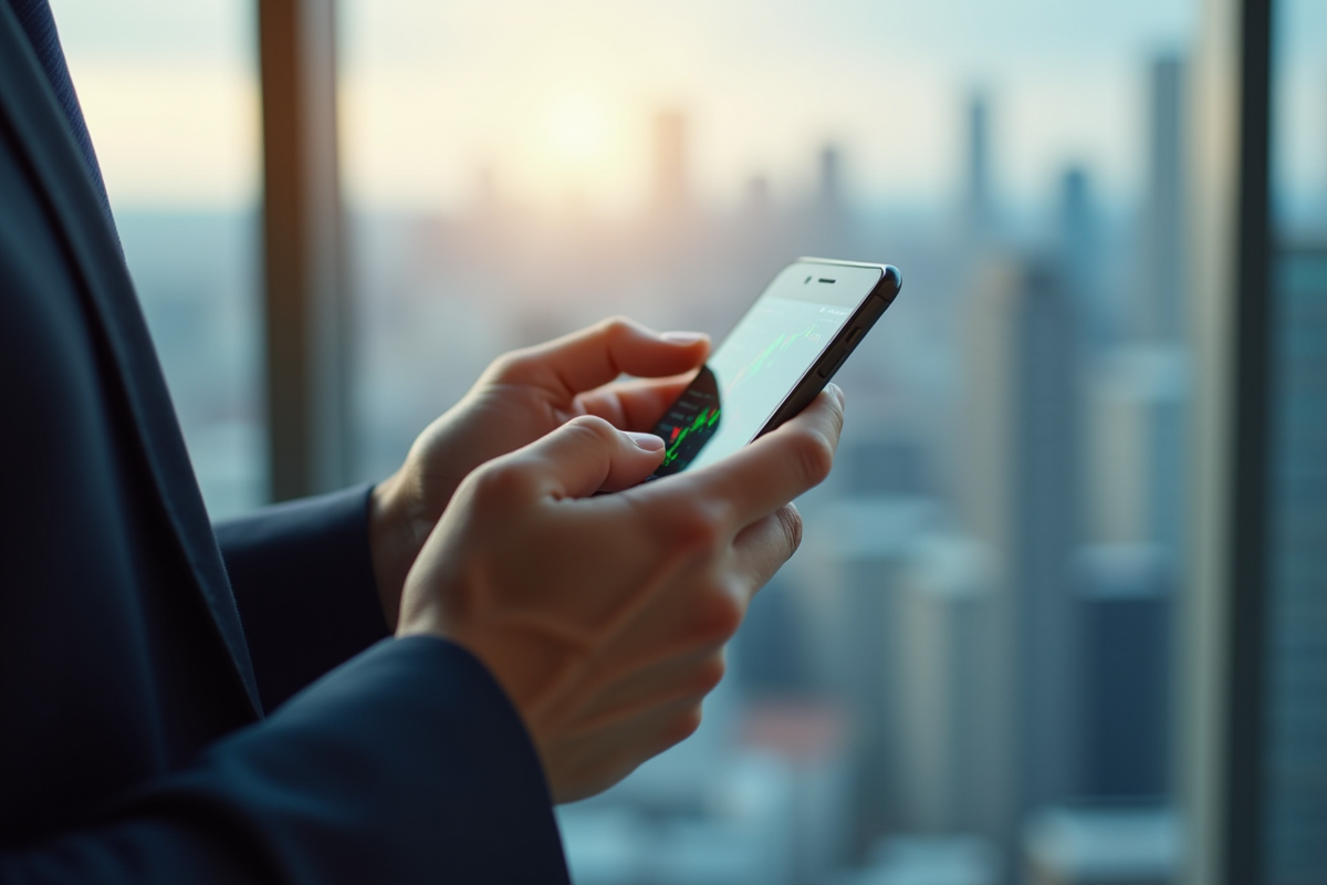 Main analysant des données boursieres sur smartphone