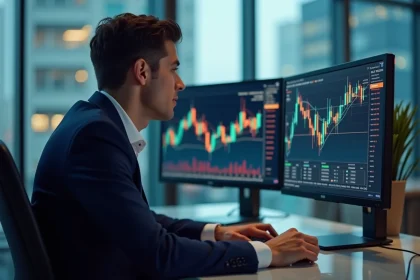 Jeune analyste financier regardant des écrans bitcoin