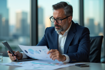 Analyste financier homme en bureau avec rapports et tablette
