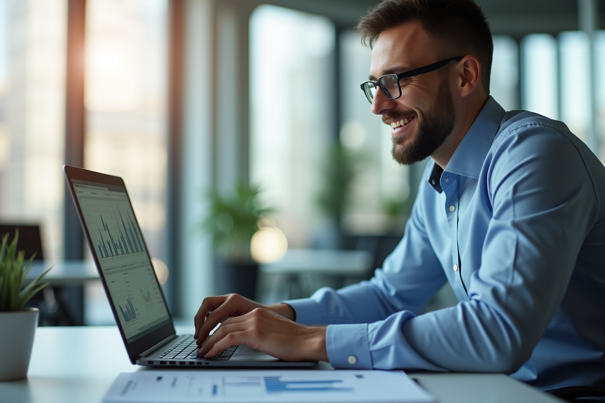Analyste financier analysant graphiques et ratios sur un ordinateur