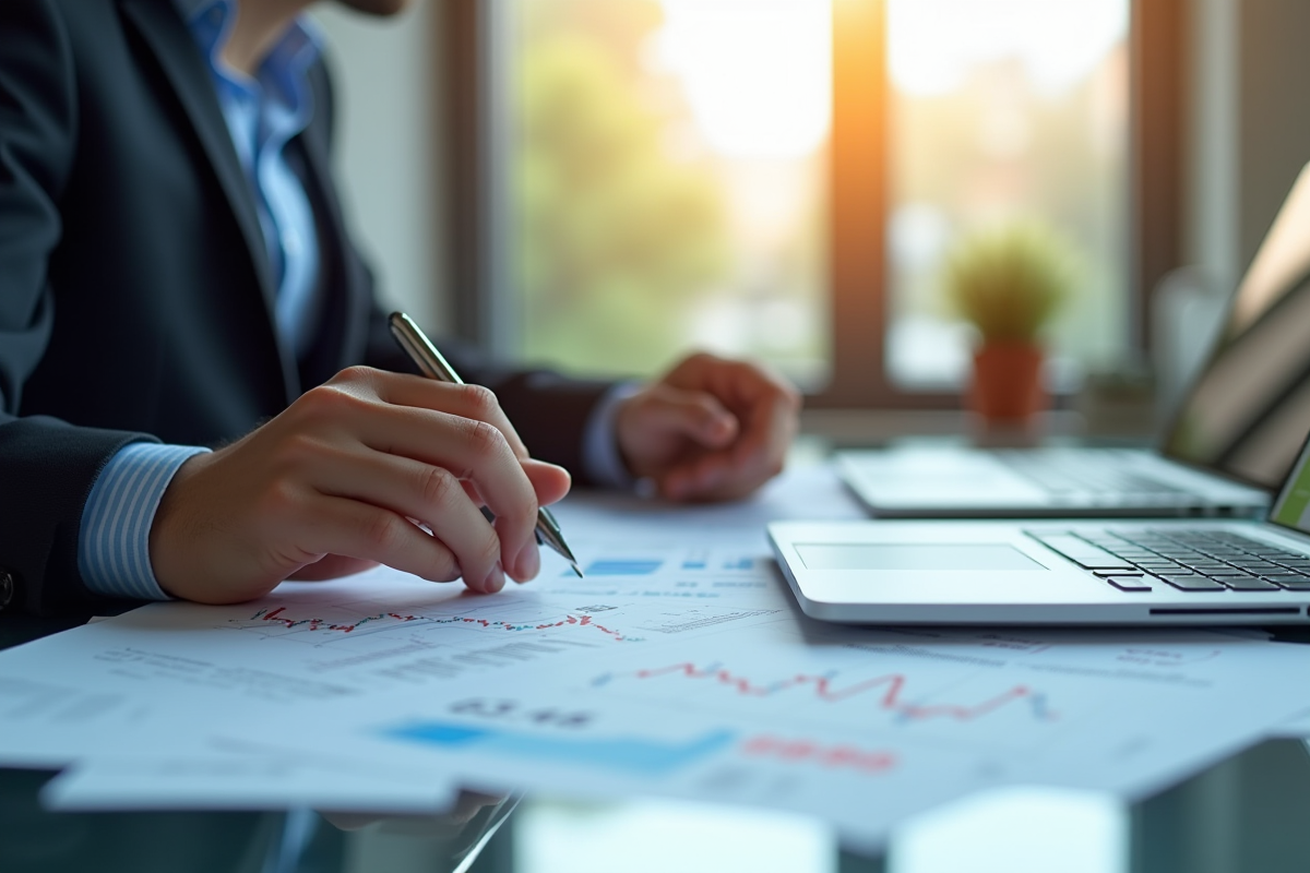 Analyste financier examinant des graphiques boursiers sur un bureau lumineux