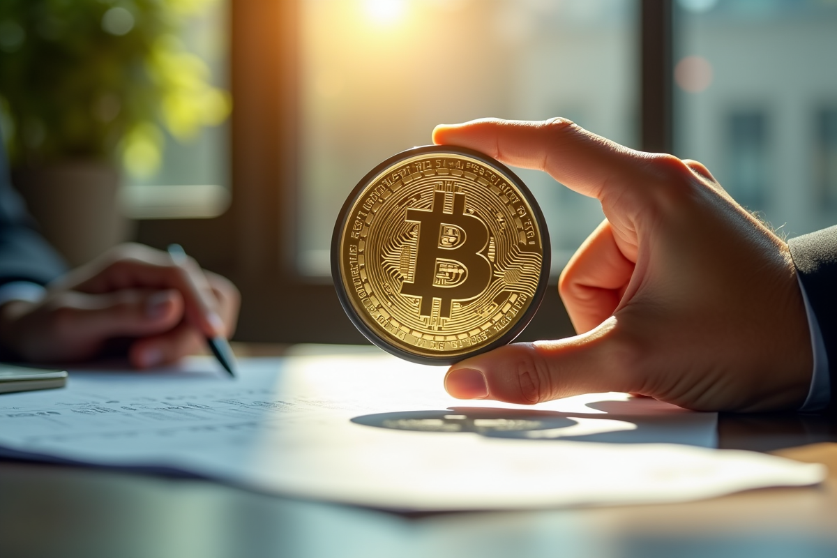 Pièce d or Bitcoin sous loupe dans un bureau en lumière naturelle