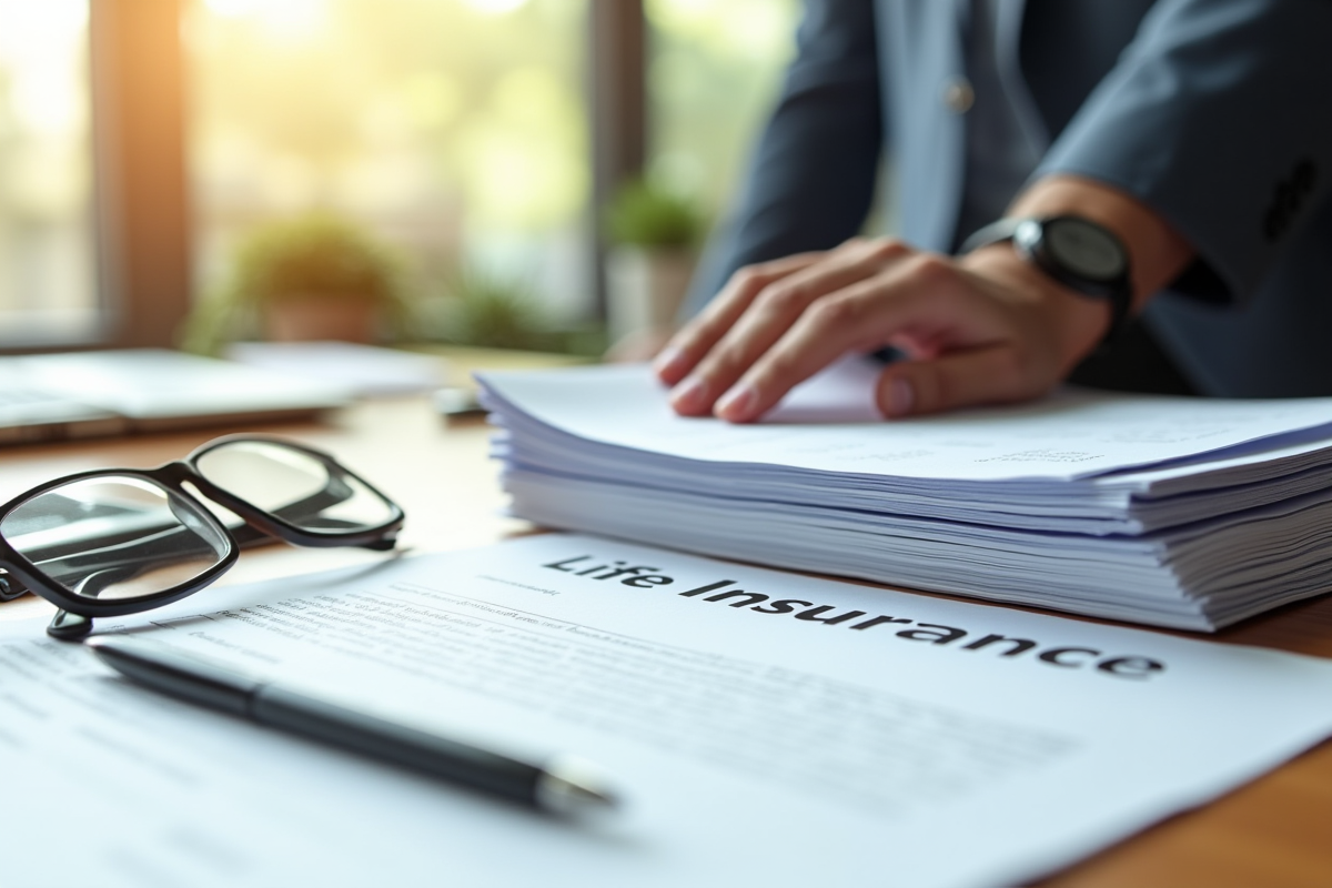 Bureau lumineux avec documents d'assurance vie et lunettes