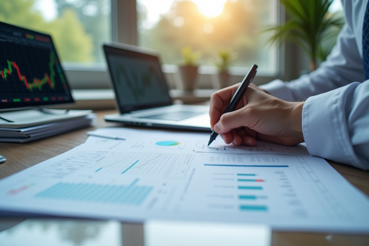 Bureau moderne avec graphiques financiers et ordinateur