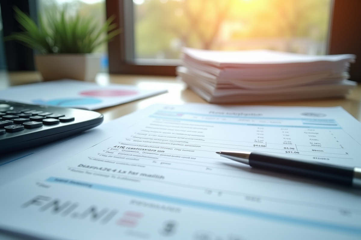 Bureau moderne avec documents financiers et calculatrice