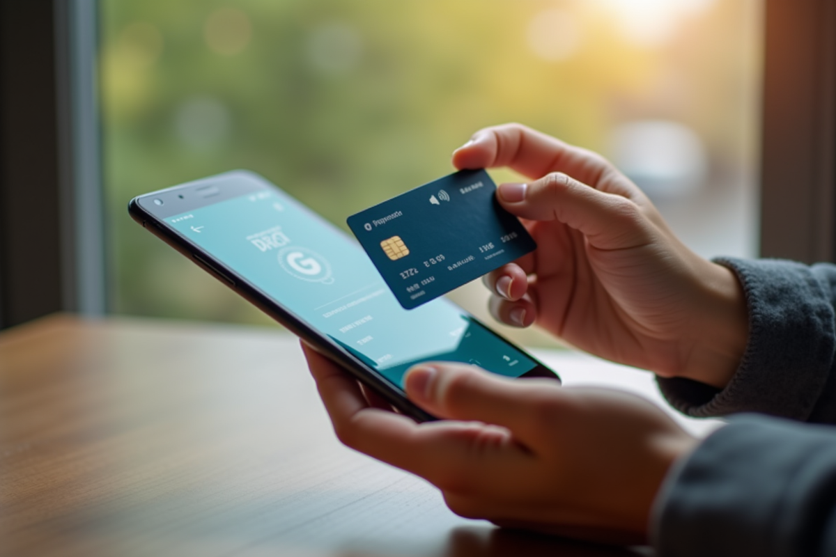 Main tenant une carte prépayée avec smartphone affichant solde