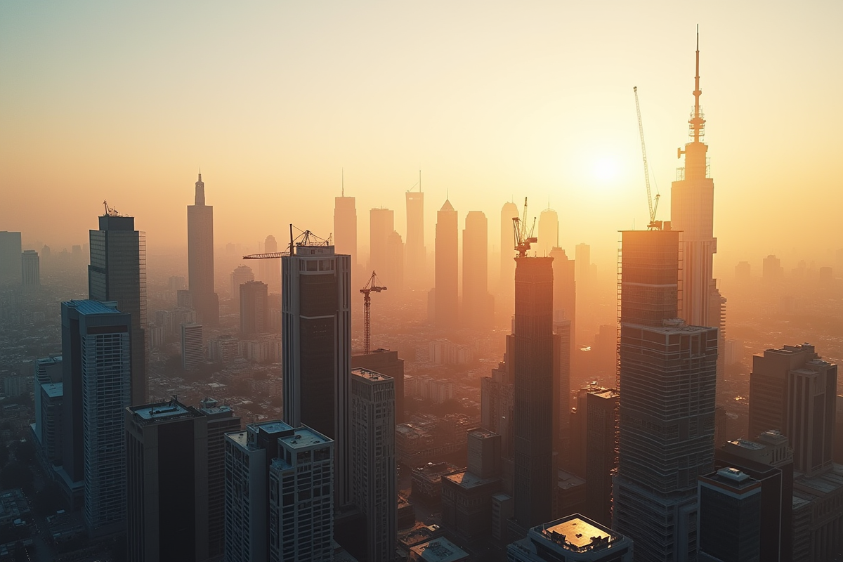 Silhouette d'une ville moderne avec gratte-ciel et grues au coucher du soleil