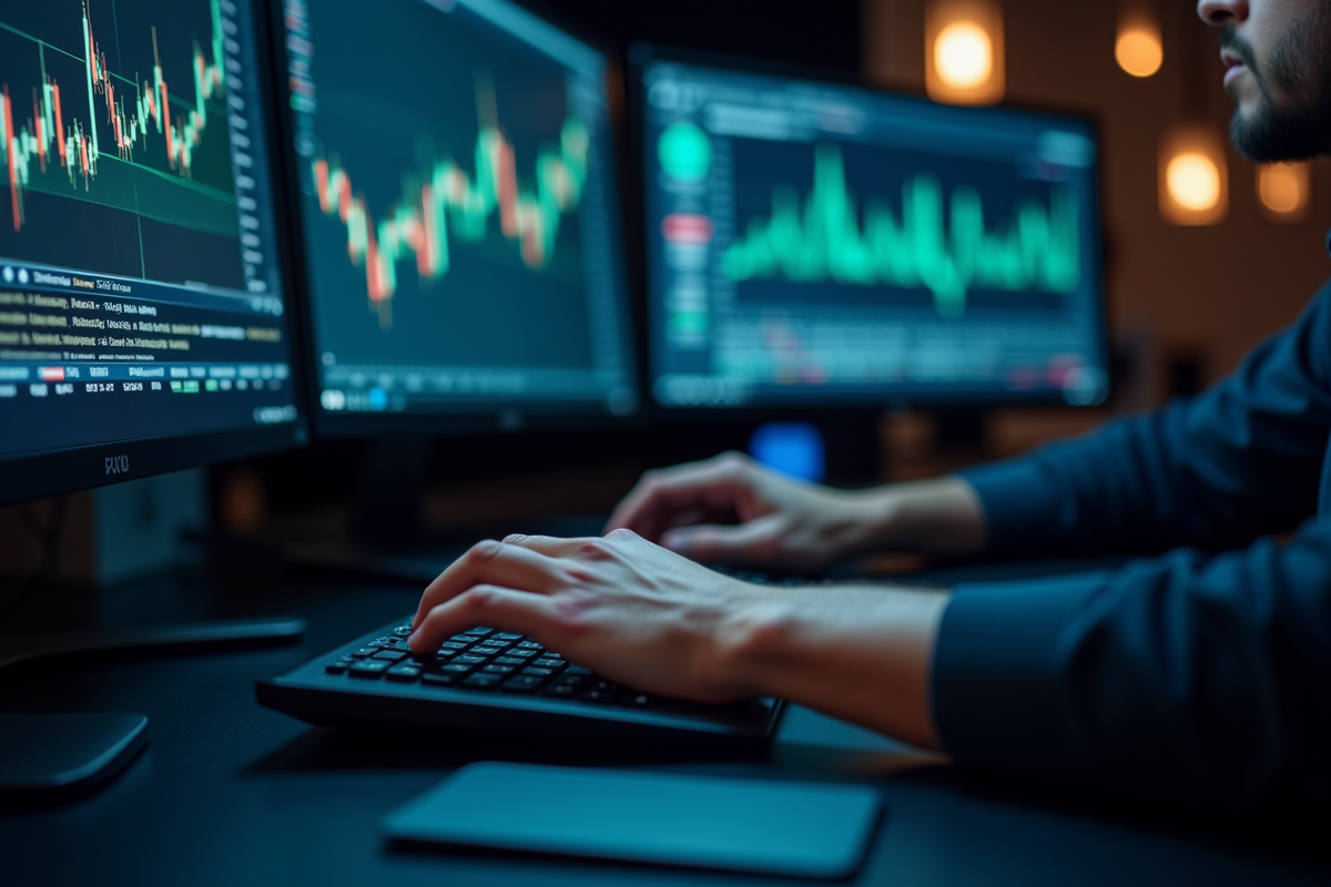 Mains tapant sur un clavier avec des écrans de données financières en arrière-plan