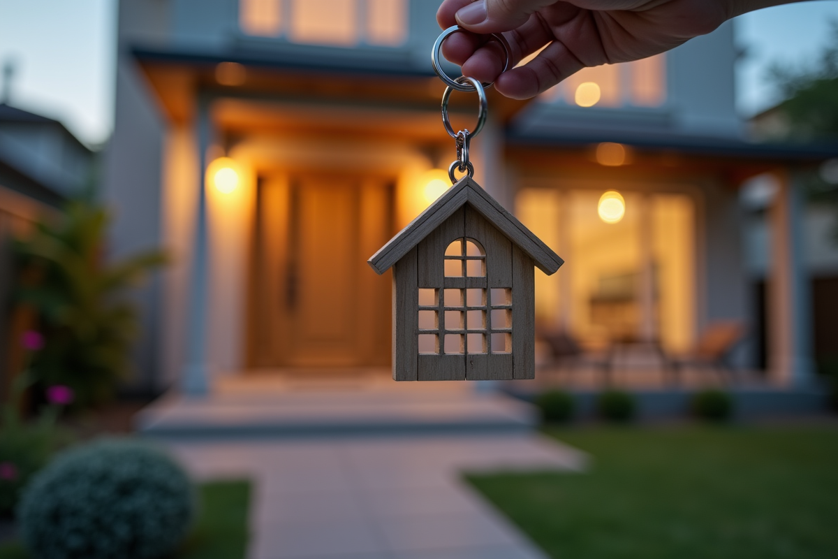 Main tenant une clé en forme de maison devant une nouvelle maison