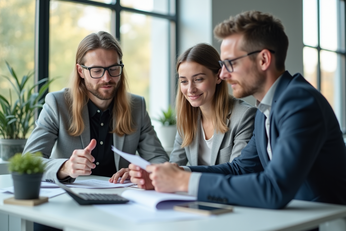 Conseiller financier expliquant l'interet composé à un couple dans un bureau lumineux