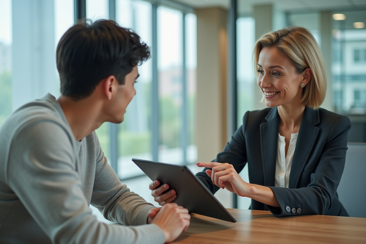 Conseillère en prêt immobilier explique options avec une tablette à un jeune homme
