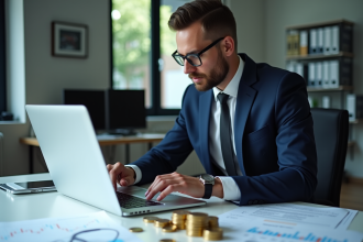 Auditeur fiscal examinant un ordinateur avec graphiques crypto