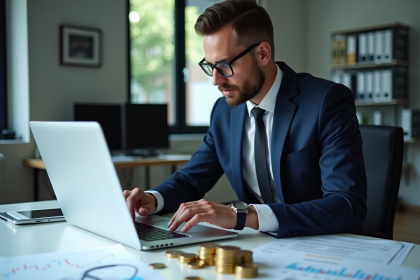 Auditeur fiscal examinant un ordinateur avec graphiques crypto