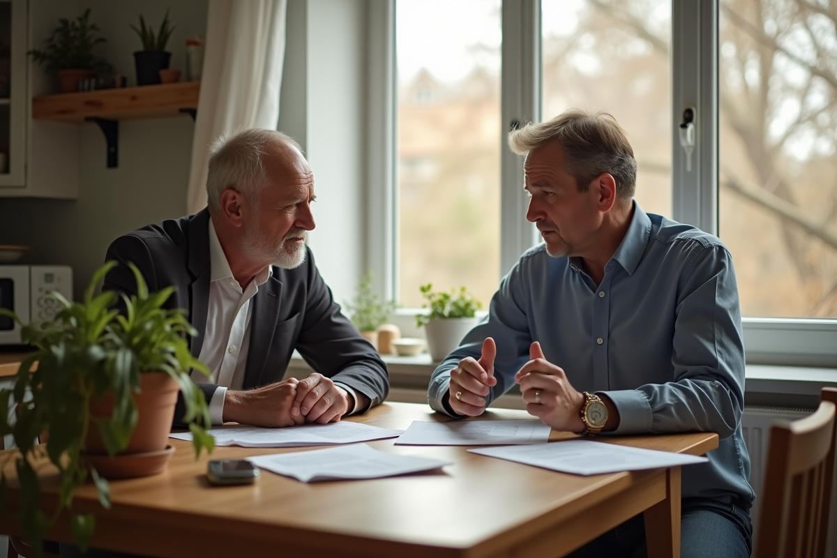 Deux adultes examinant documents d assurance à la cuisine