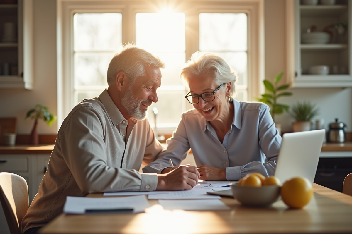 Couple mature discutant documents dans la cuisine lumineuse