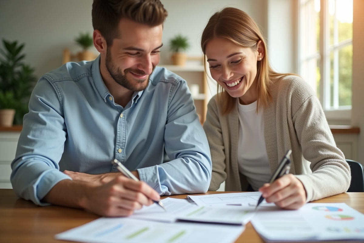 Jeune couple heureux gérant leurs finances à la maison