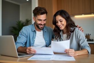 Couple dans une cuisine moderne examine des documents de prêt immobilier