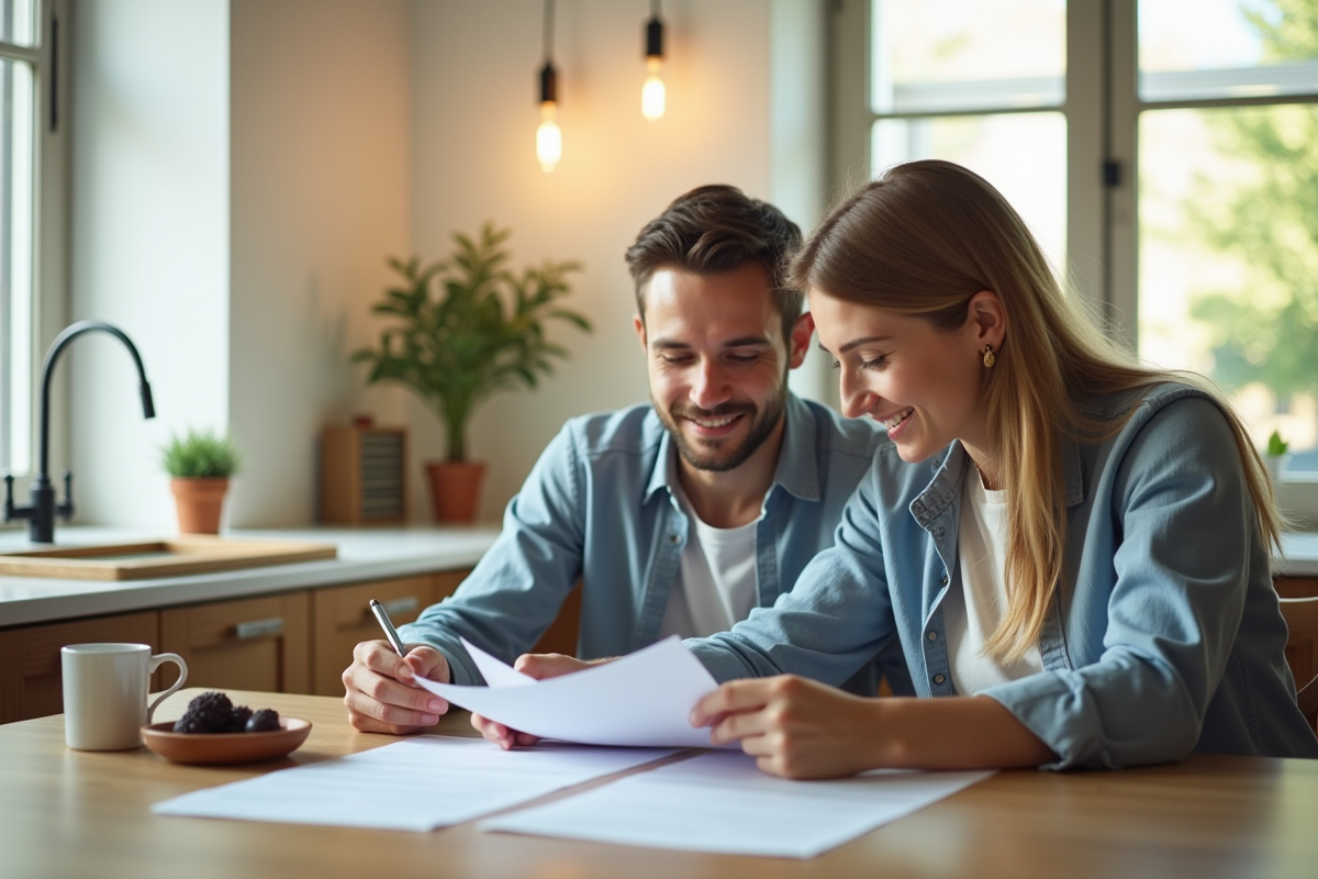 Jeune couple lisant des documents de prêt immobilier à la maison