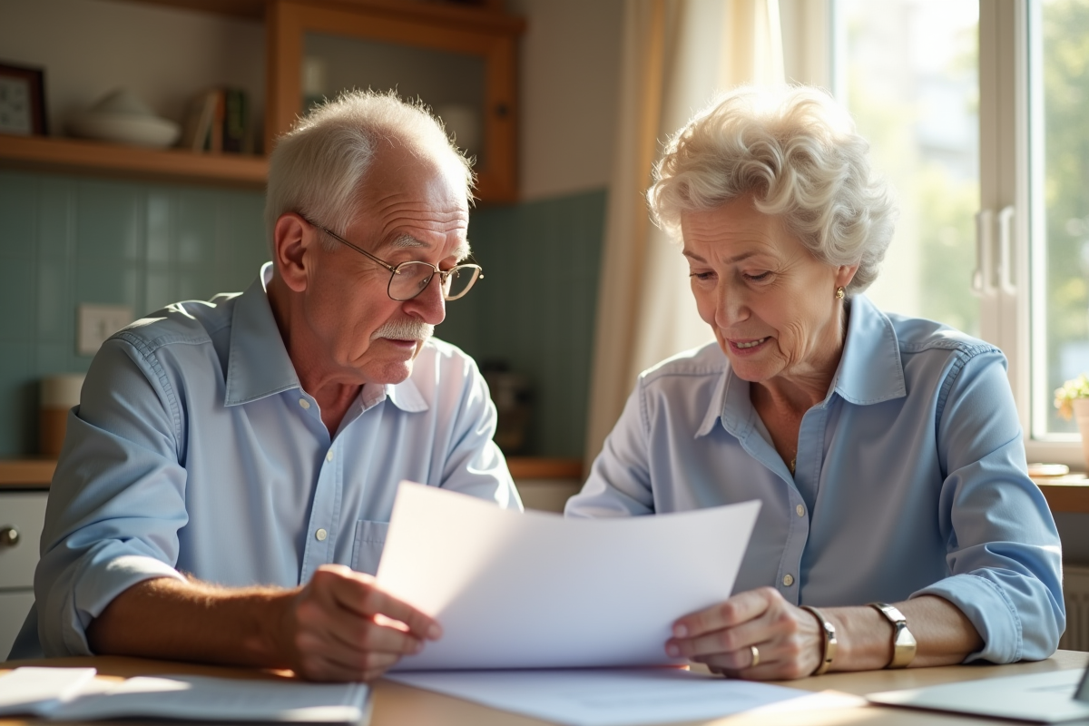 Couple mature examinant des papiers à la cuisine en journée