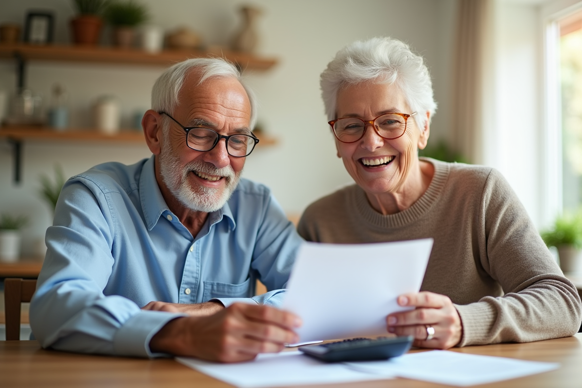 Couple d'âge moyen souriant en cuisine avec documents de pension