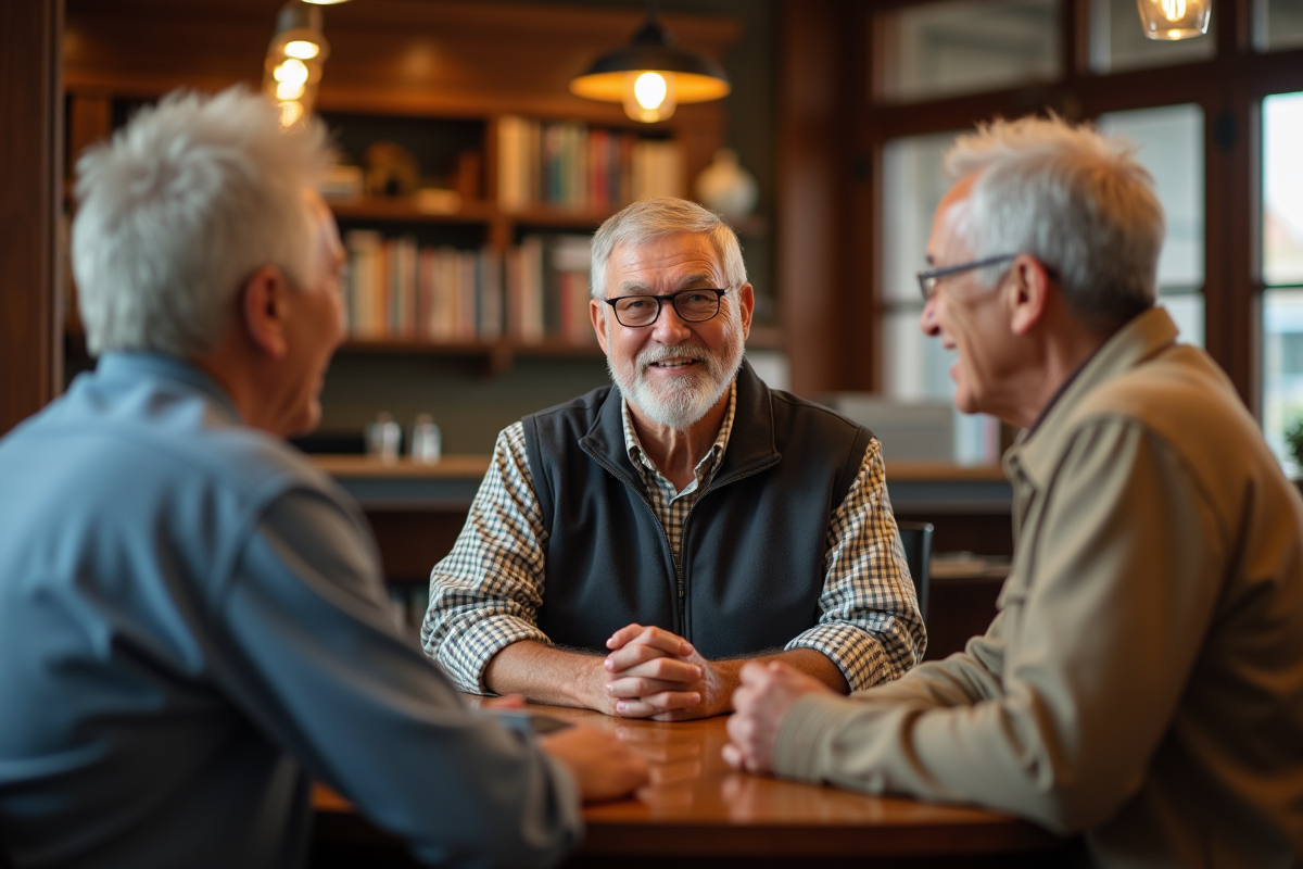 Couple senior souriant avec un conseiller bancaire dans une agence chaleureuse