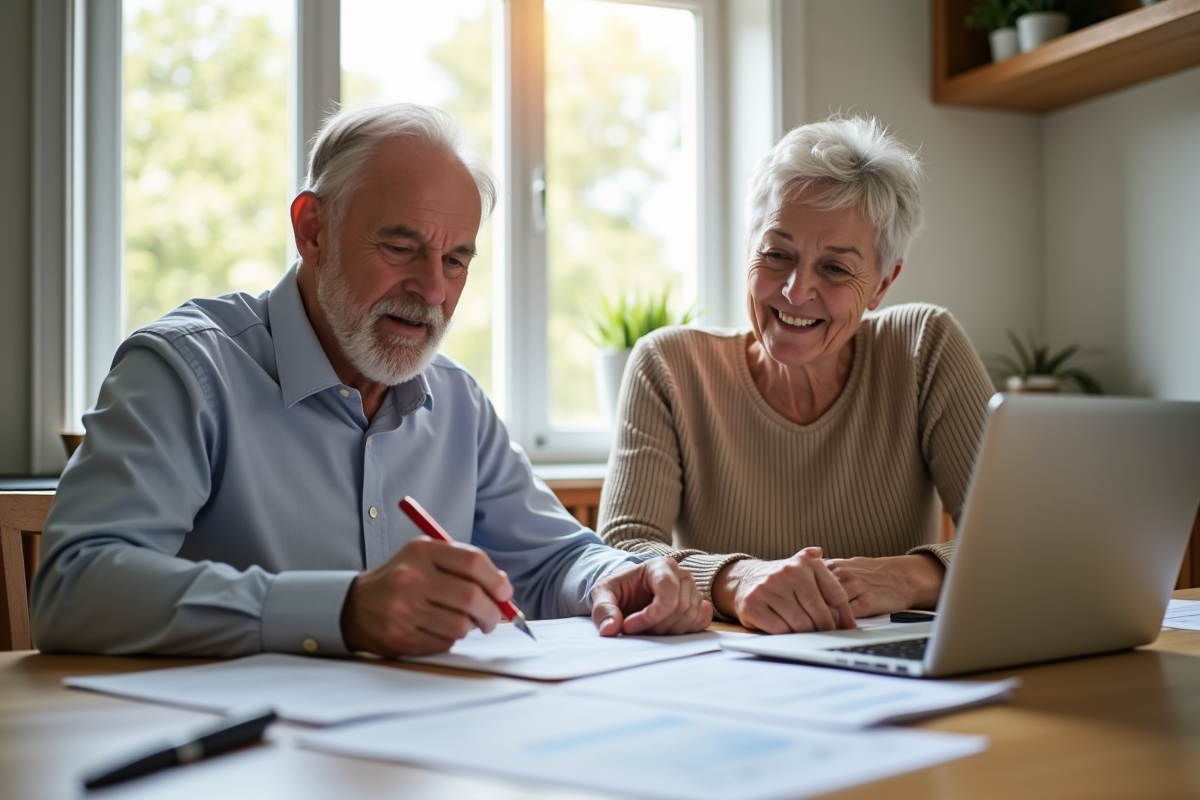 Couple senior confiant remplissant documents d'assurance à la cuisine