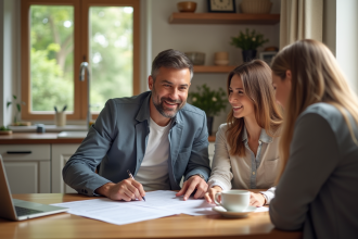 Couple souriant discutant de prêt immobilier à la maison