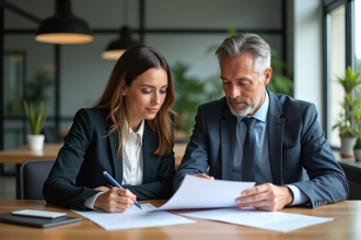 Couple d'affaires examinant des documents d'assurance