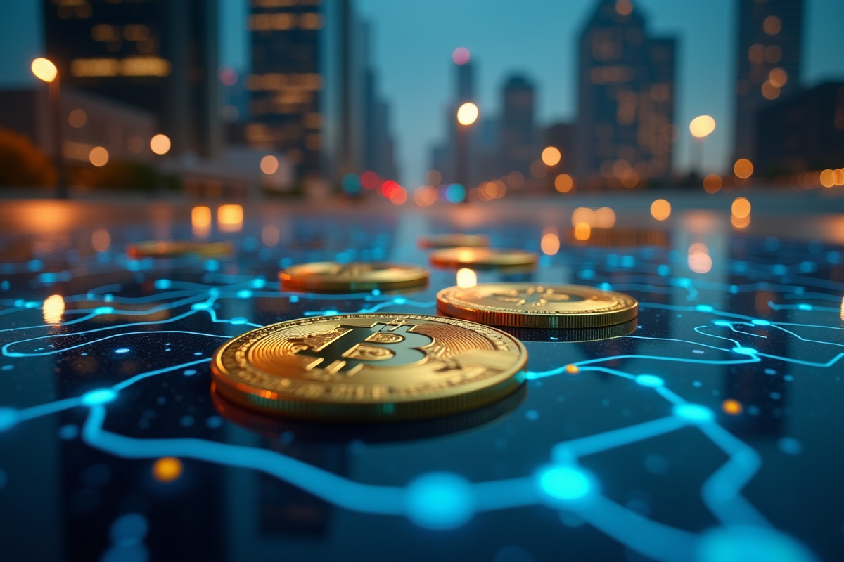 Pièces de cryptomonnaie dorées reliées par un circuit bleu néon