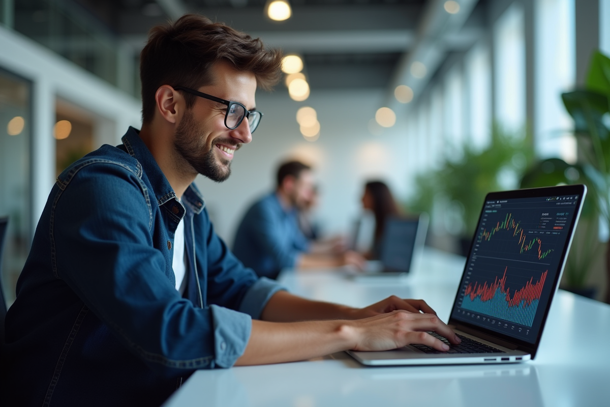 Jeune développeur travaillant sur un ordinateur portable avec graphiques financiers