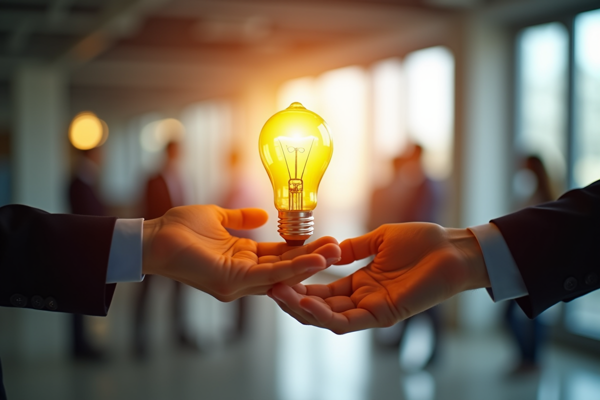 Deux mains échangeant une ampoule lumineuse symbole d