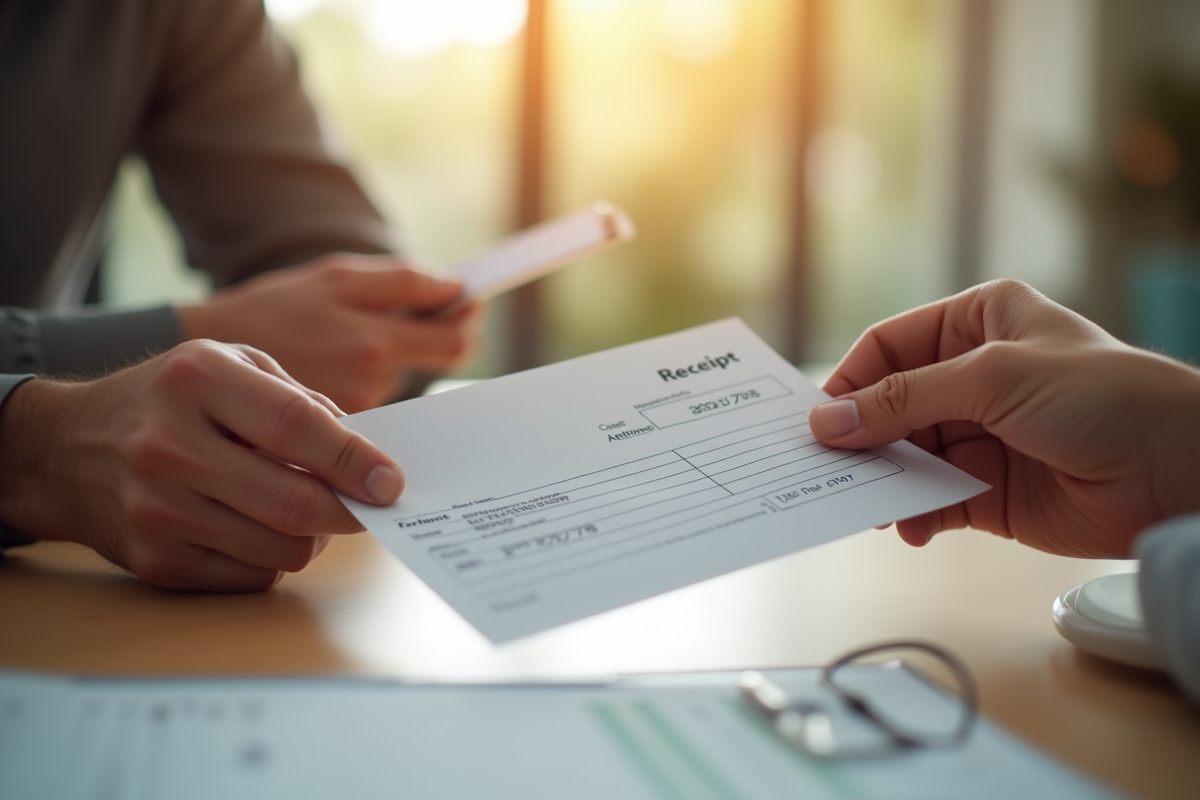 Mains échangeant un cheque de remboursement sur une table en bois moderne
