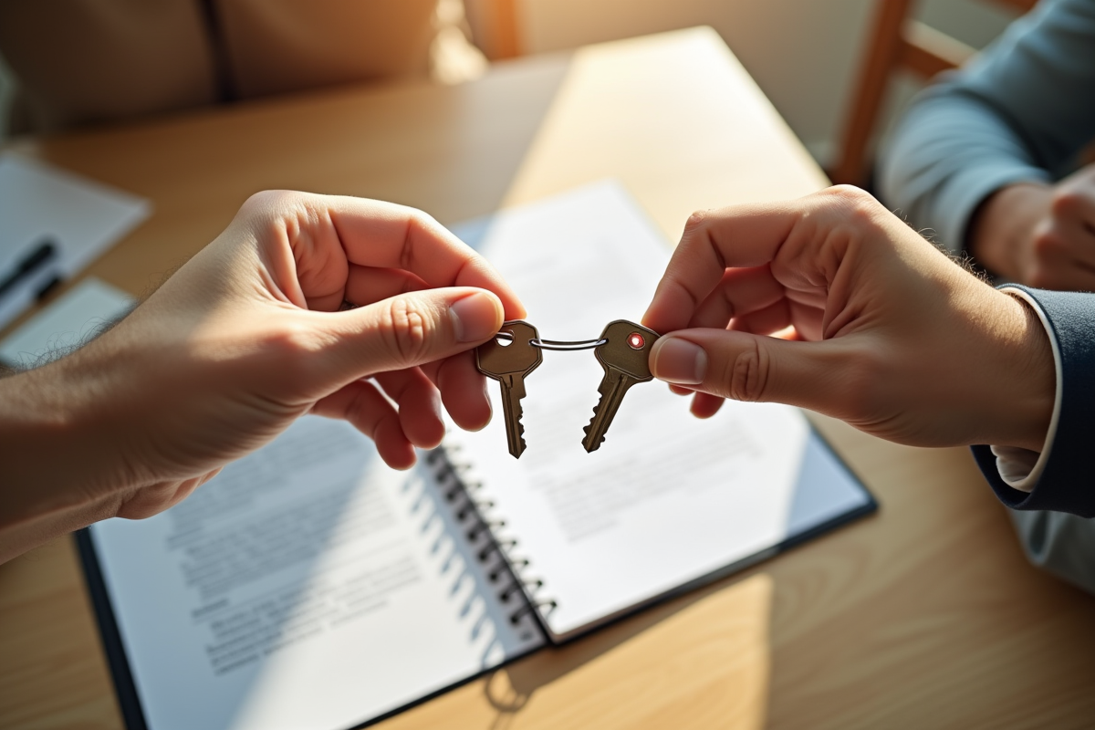 Deux mains échangeant clés et contrat sur une table ensoleillée