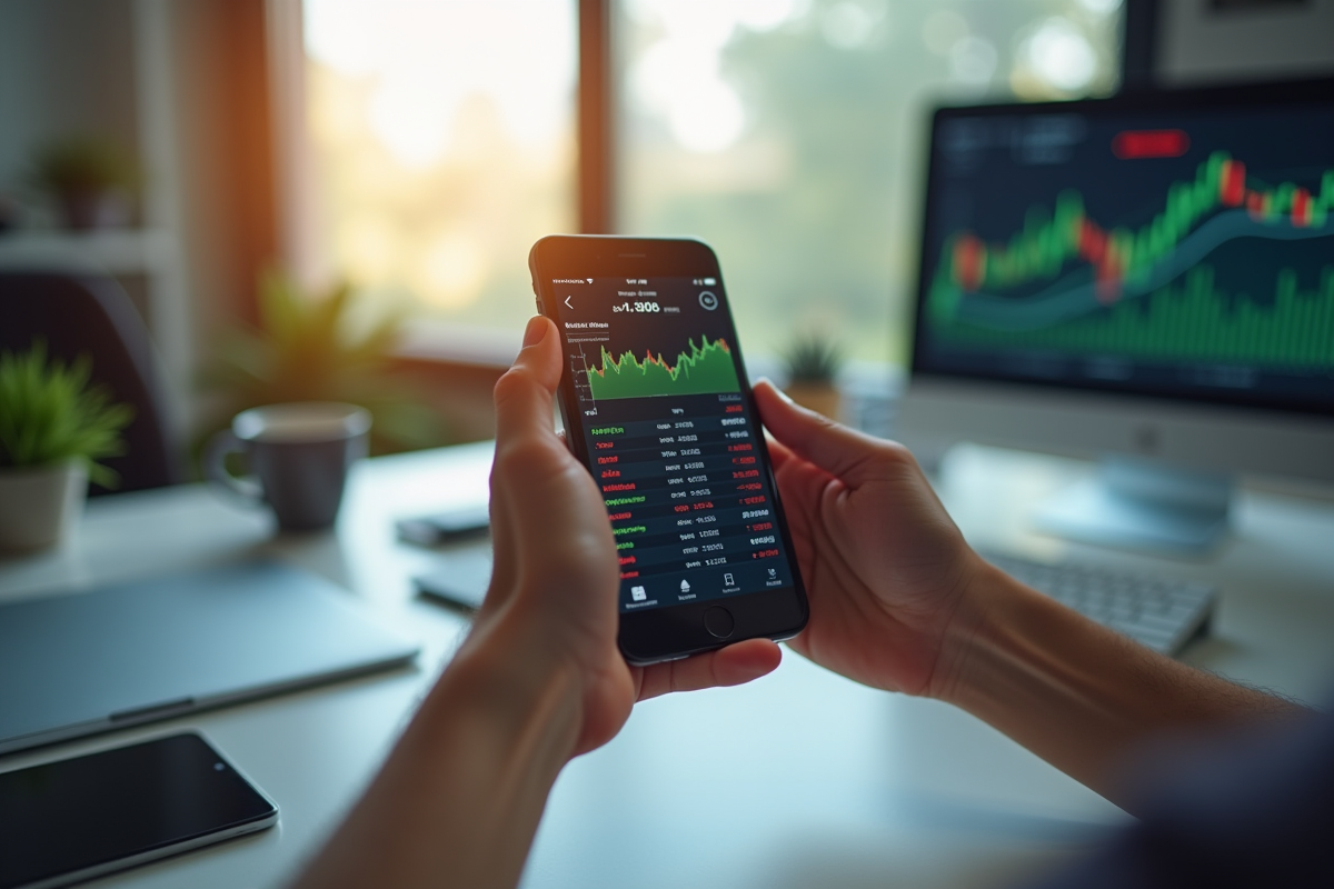 Main tenant un smartphone avec graphiques de cryptomonnaies
