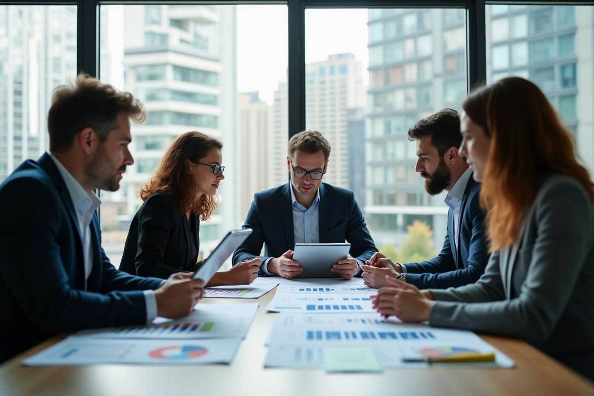 Équipe d'affaires analysant des graphiques dans un bureau lumineux
