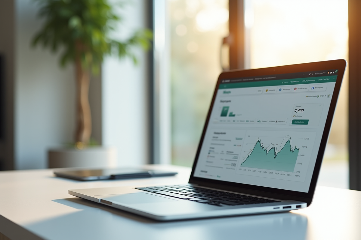 Espace de travail lumineux avec un ordinateur affichant un tableau de banque en ligne