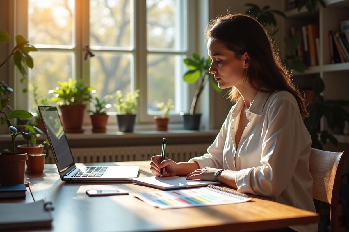 Etudiant français calculant ses dépenses mensuelles à son bureau