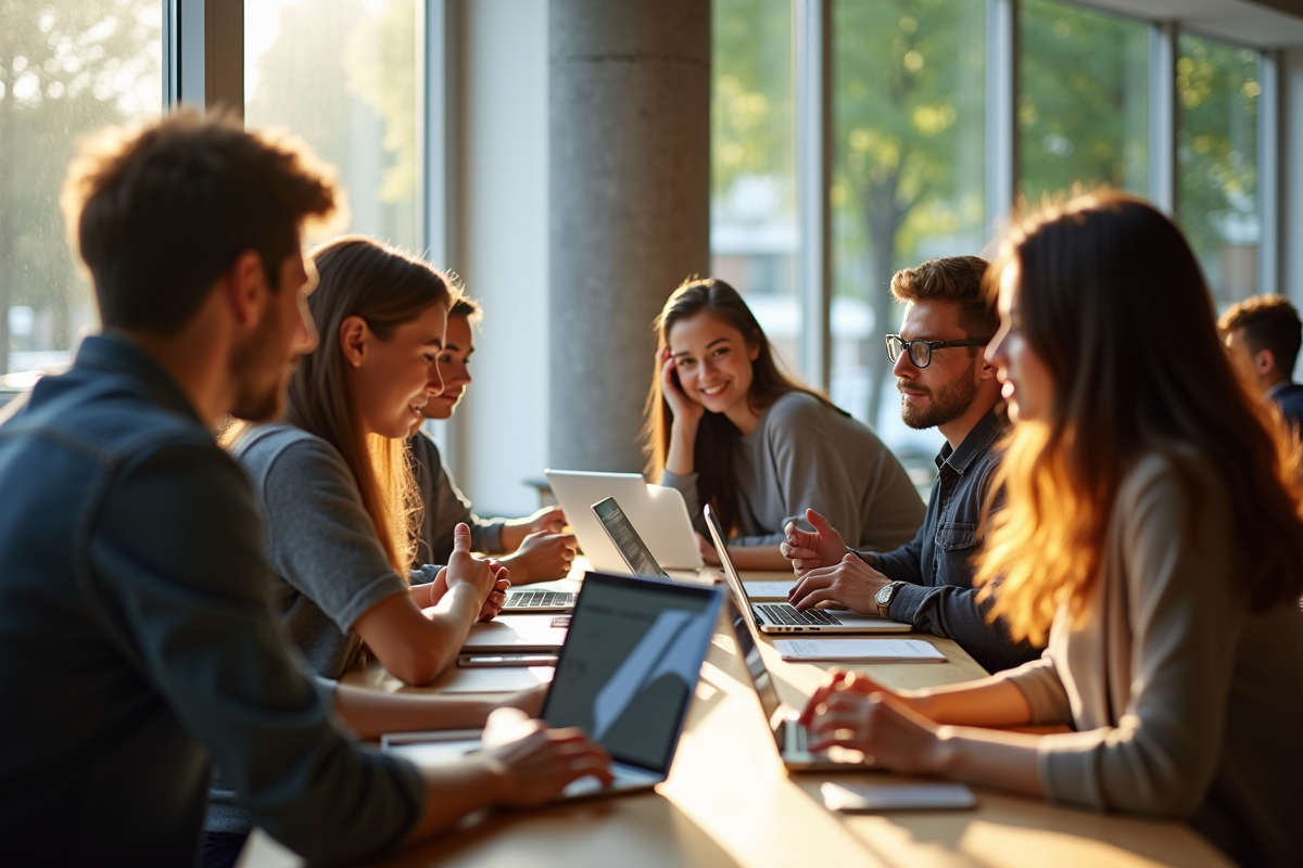 Groupe d'étudiants discutant de banque au café lumineux