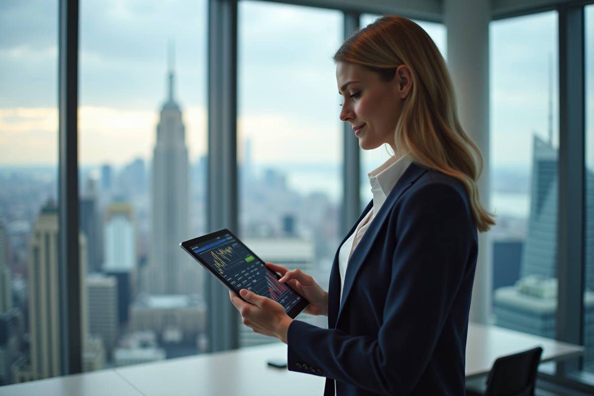 Femme d'affaires analysant des graphiques boursiers sur une tablette