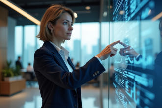 Femme d'affaires analysant des graphiques financiers numériques