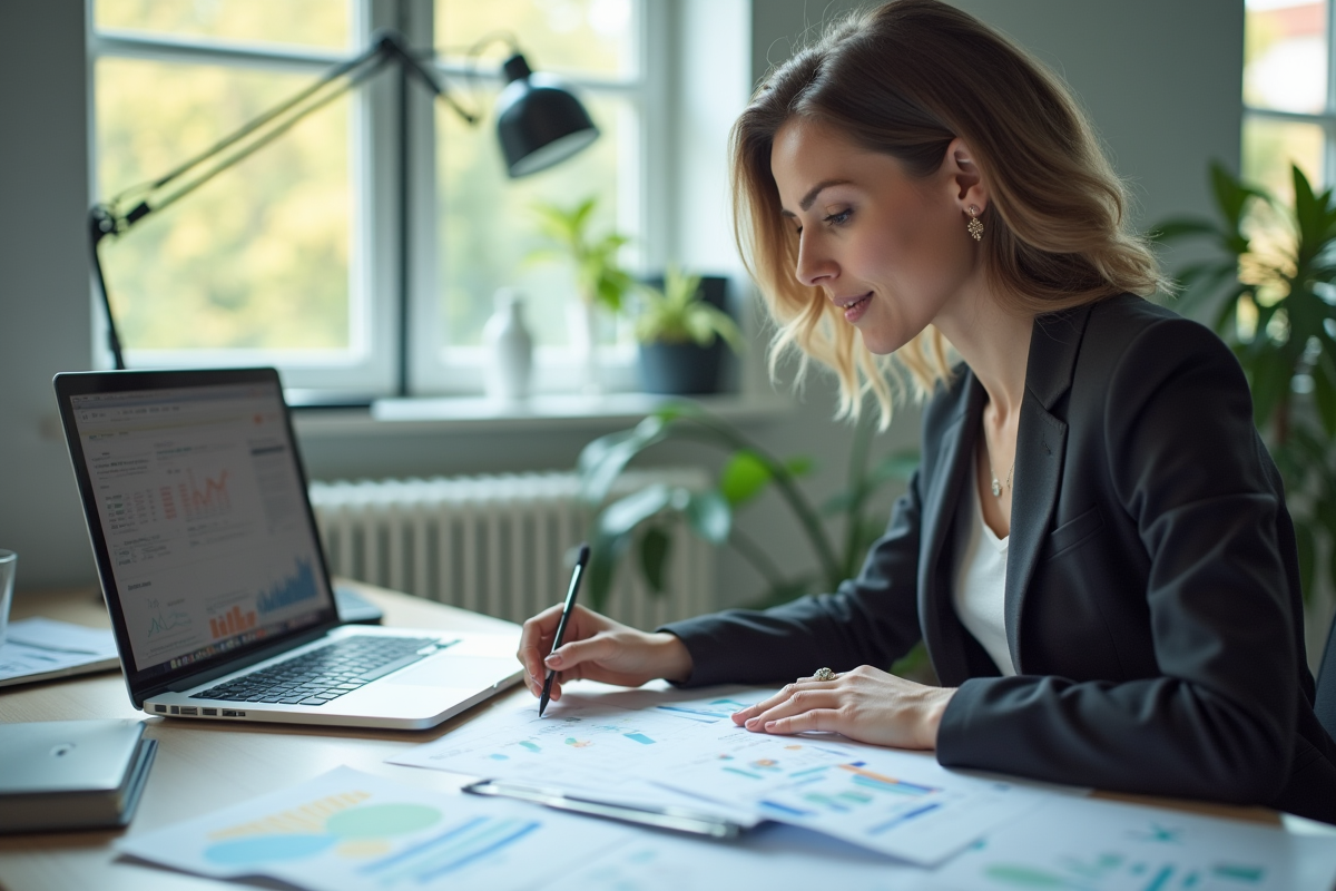 Femme d'affaires analysant des graphiques financiers