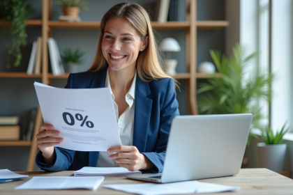 Jeune femme d'affaires souriante avec brochure financement