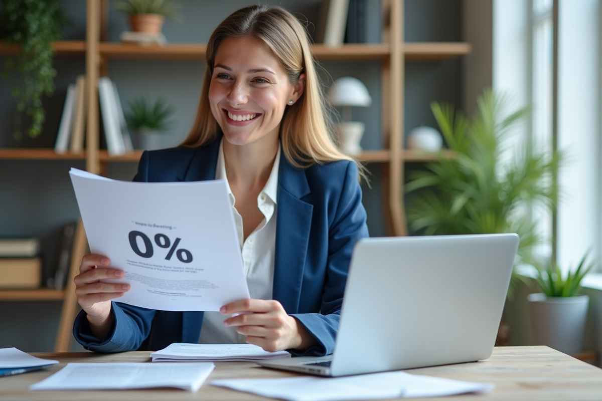 Jeune femme d'affaires souriante avec brochure financement