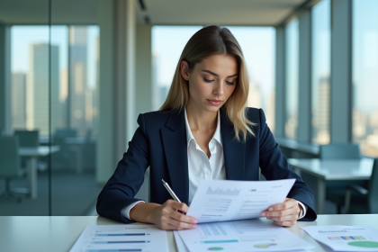 Femme d'affaires analysant des rapports financiers au bureau