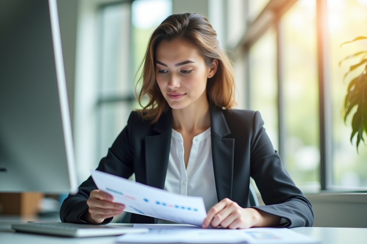 Femme d'affaires confiante examinant des rapports financiers