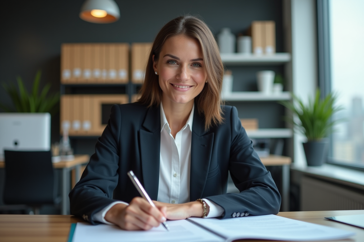 Femme d'affaires souriante signant des documents dans un bureau moderne