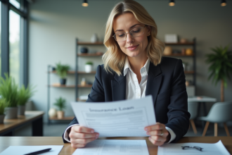 Femme d'affaires examinant un document d'assurance pr&ecirc;t