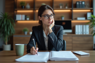 Femme en costume de banque examine des documents